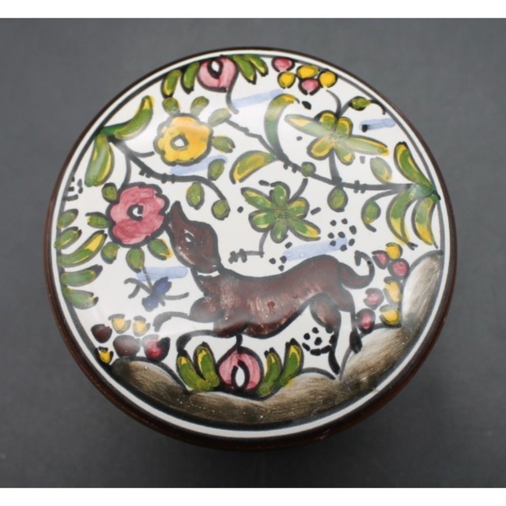Hand Painted Portuguese Pottery Trinket Box Folk Art Animal Floral Conimbriga